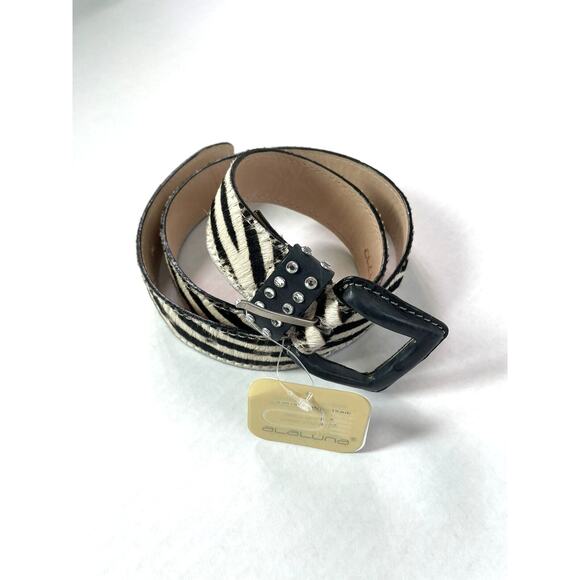 Alaluna Women\'s Black/White Calf Hair Leather Belt Rhinestone Loop Small/Medium